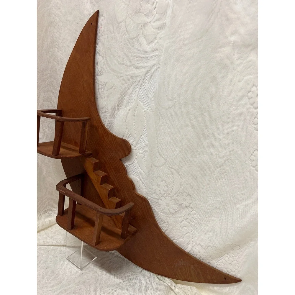 Vintage Man in the Moon Wooden Wall Shelf Folk Art Crescent Celestial Trinket